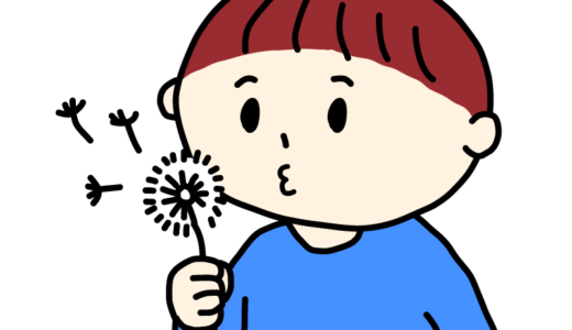たんぽぽの綿毛で遊ぶ男の子